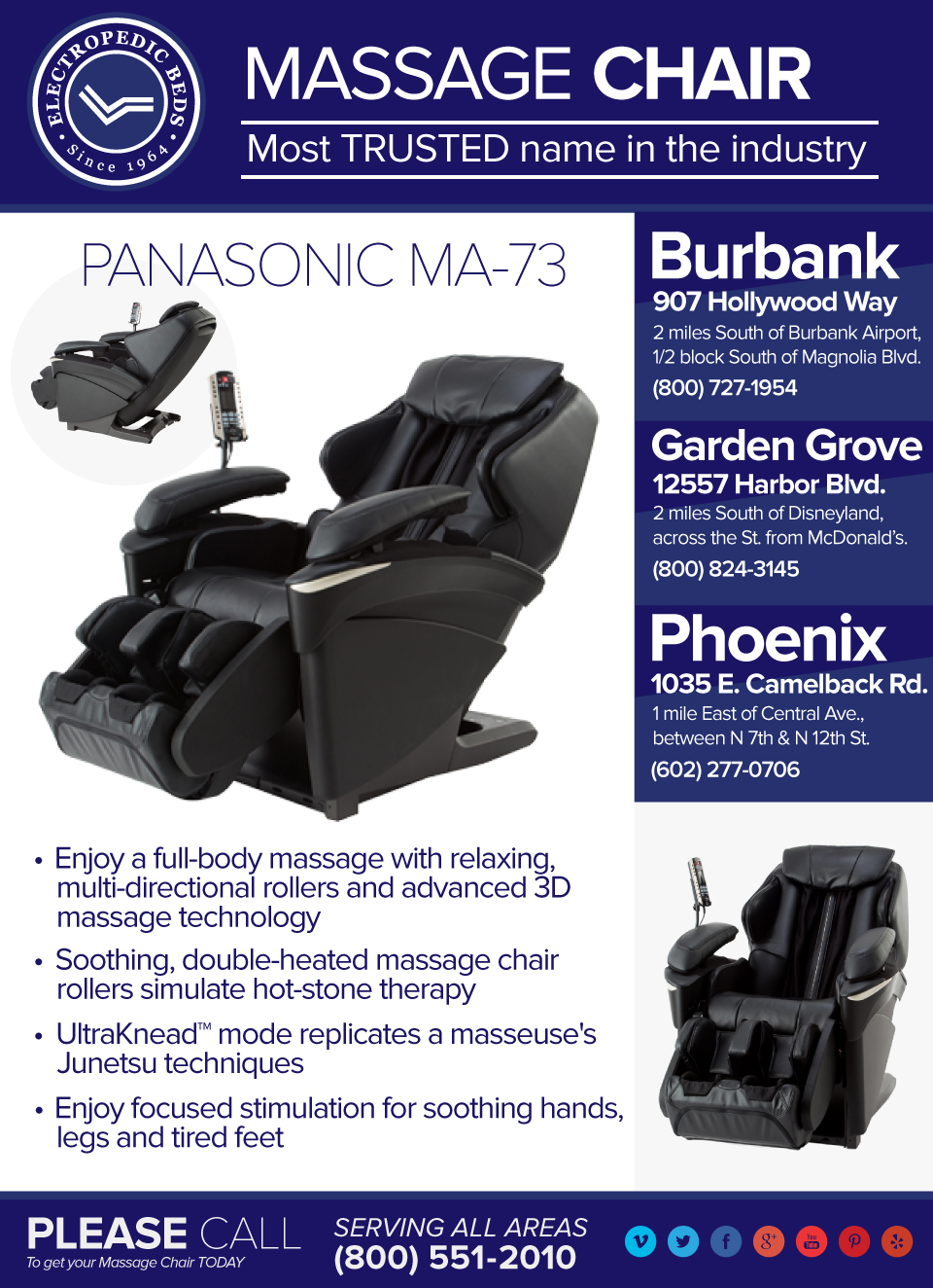 massage Lounger Massage Chairs Los Angeles Recliner Reclining Shiatsu Panasonic EP-MA73KX 