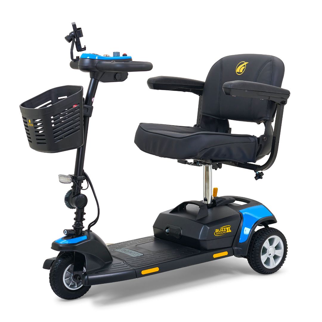 Golden Buzzaround XL 3-Wheel 3-wheel electric mobility scooter, model GB121-STD, travel / portable scooter sold at Electropedic Mobility Scooter Superstore in Burbank CA and Phoenix AZ