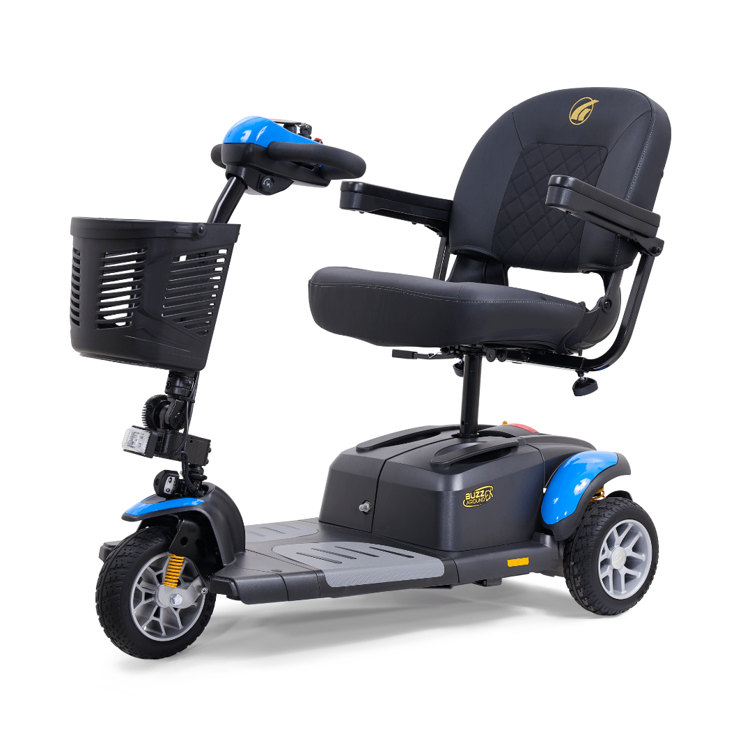 Golden Buzzaround EX 3-Wheel 3-wheel electric mobility scooter, model GB118, travel / portable scooter sold at Electropedic Mobility Scooter Superstore in Burbank CA and Phoenix AZ